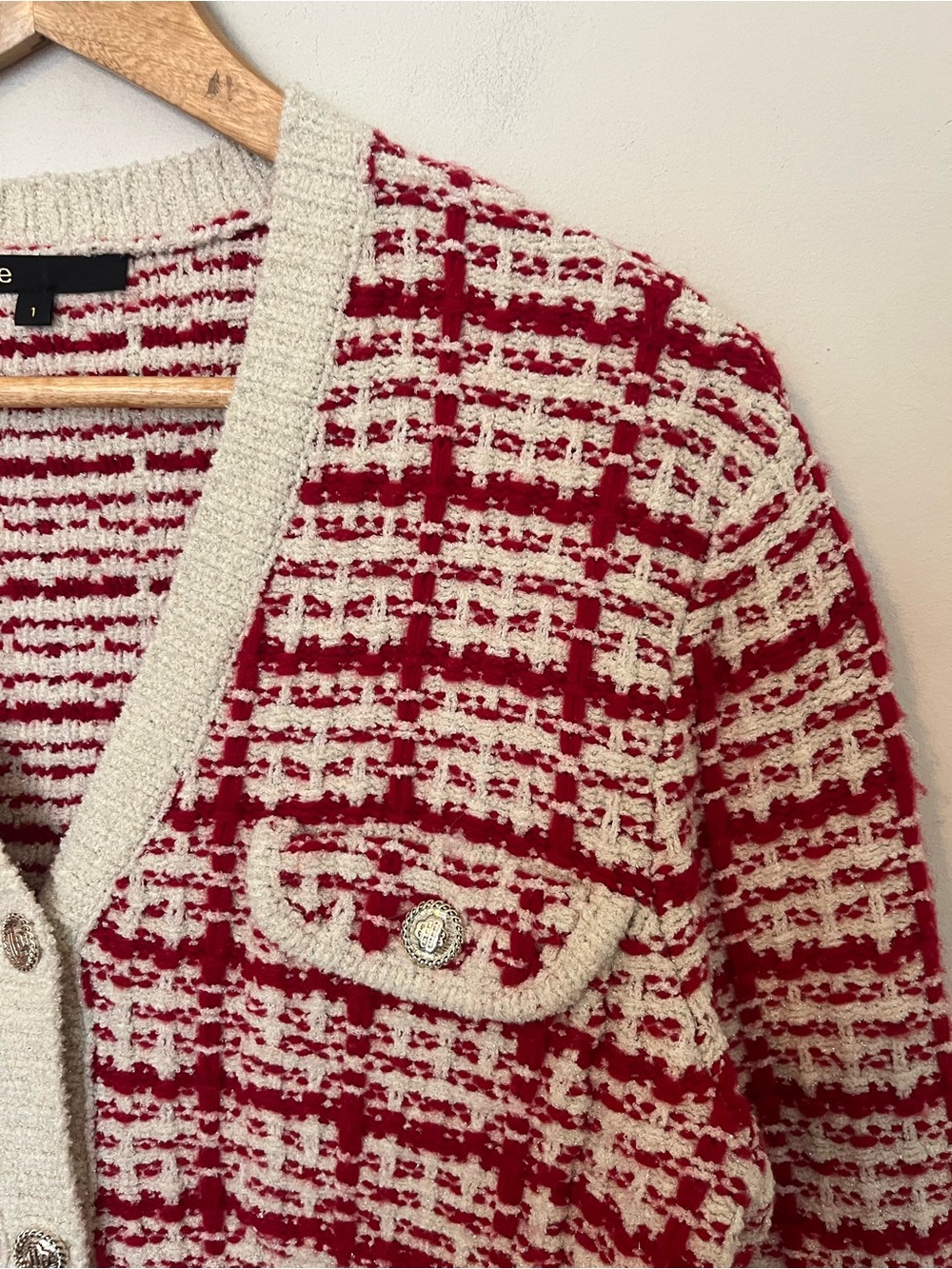 Maje Two-Tone Tweed-Effect Knit Cardigan Red Cream Metallic Size 1 - Picture 6 of 11